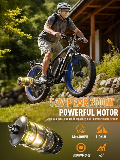 GAMVIRE 26'' V7 Long Range Electric Bike 2000W Peak 2500W 52V 32Ah
